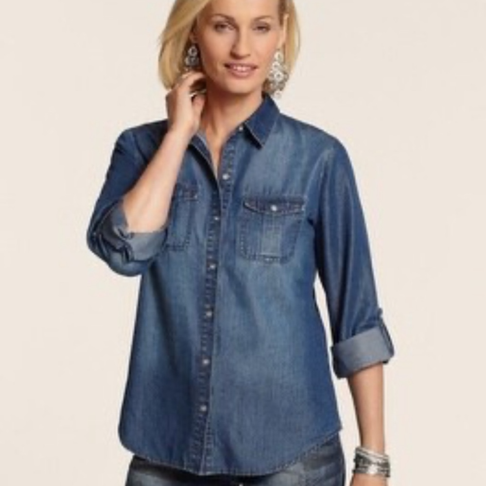 Chico's Blue Button Down Shirt with Dress Shirt Collar and 3/4 Sleeves